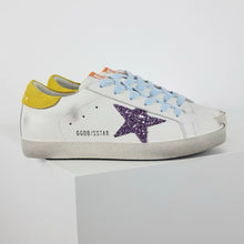 Load image into Gallery viewer, Golden Goose Super-Star Glitter Purple Star Yellow Heel Tab