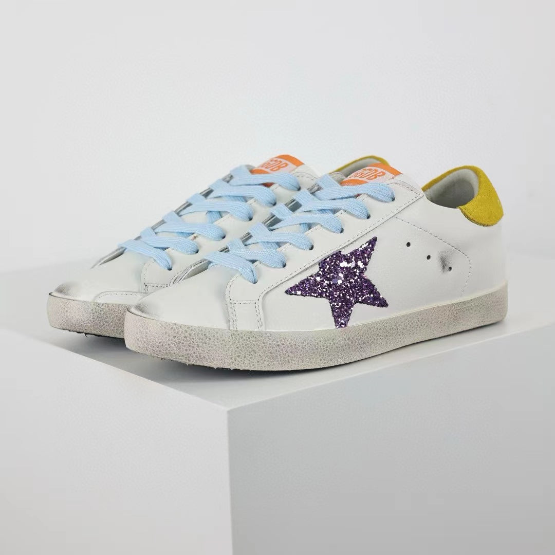 Golden Goose Super-Star Glitter Purple Star Yellow Heel Tab
