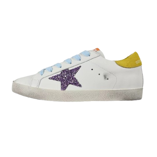 Golden Goose Super-Star Glitter Purple Star Yellow Heel Tab