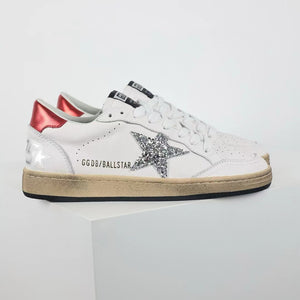 Golden Goose Ball-Star Glitter Silver Star Red Heel Tab