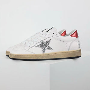 Golden Goose Ball-Star Glitter Silver Star Red Heel Tab