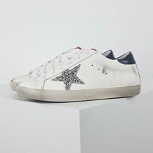 Load image into Gallery viewer, Golden Goose Super-Star Glitter Silver Star Navy Heel Tab
