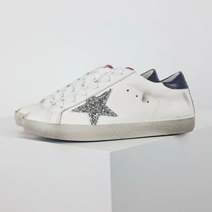 Golden Goose Super-Star Glitter Silver Star Navy Heel Tab