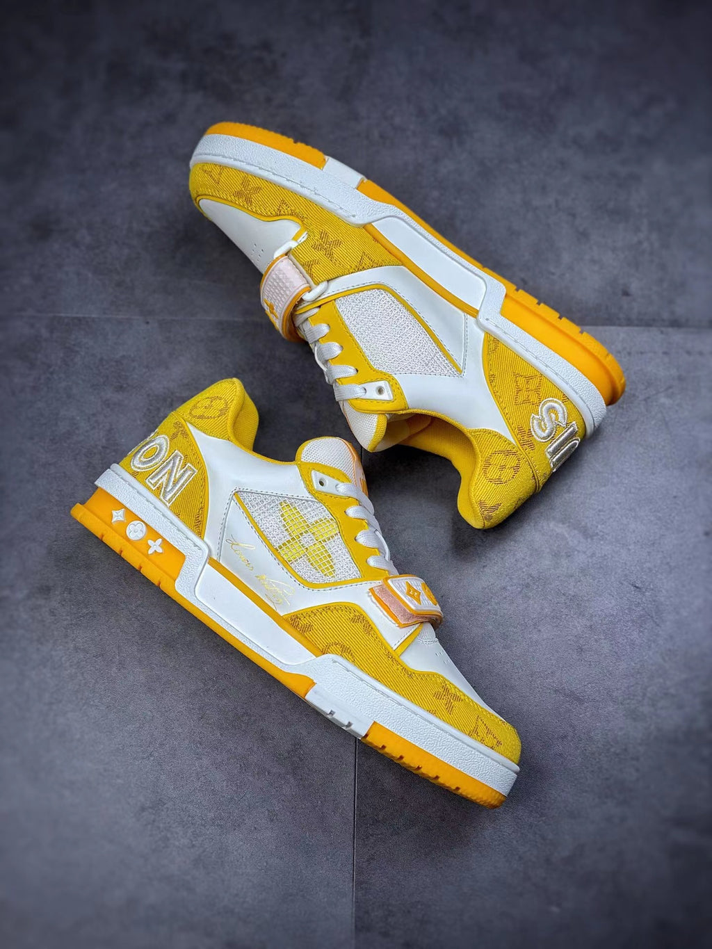 LV Trainers Velcro Strap Monogram Denim Yellow