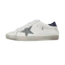 Load image into Gallery viewer, Golden Goose Super-Star Glitter Silver Star Navy Heel Tab
