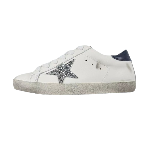 Golden Goose Super-Star Glitter Silver Star Navy Heel Tab