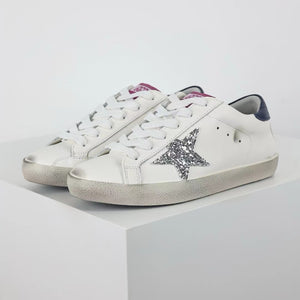 Golden Goose Super-Star Glitter Silver Star Navy Heel Tab