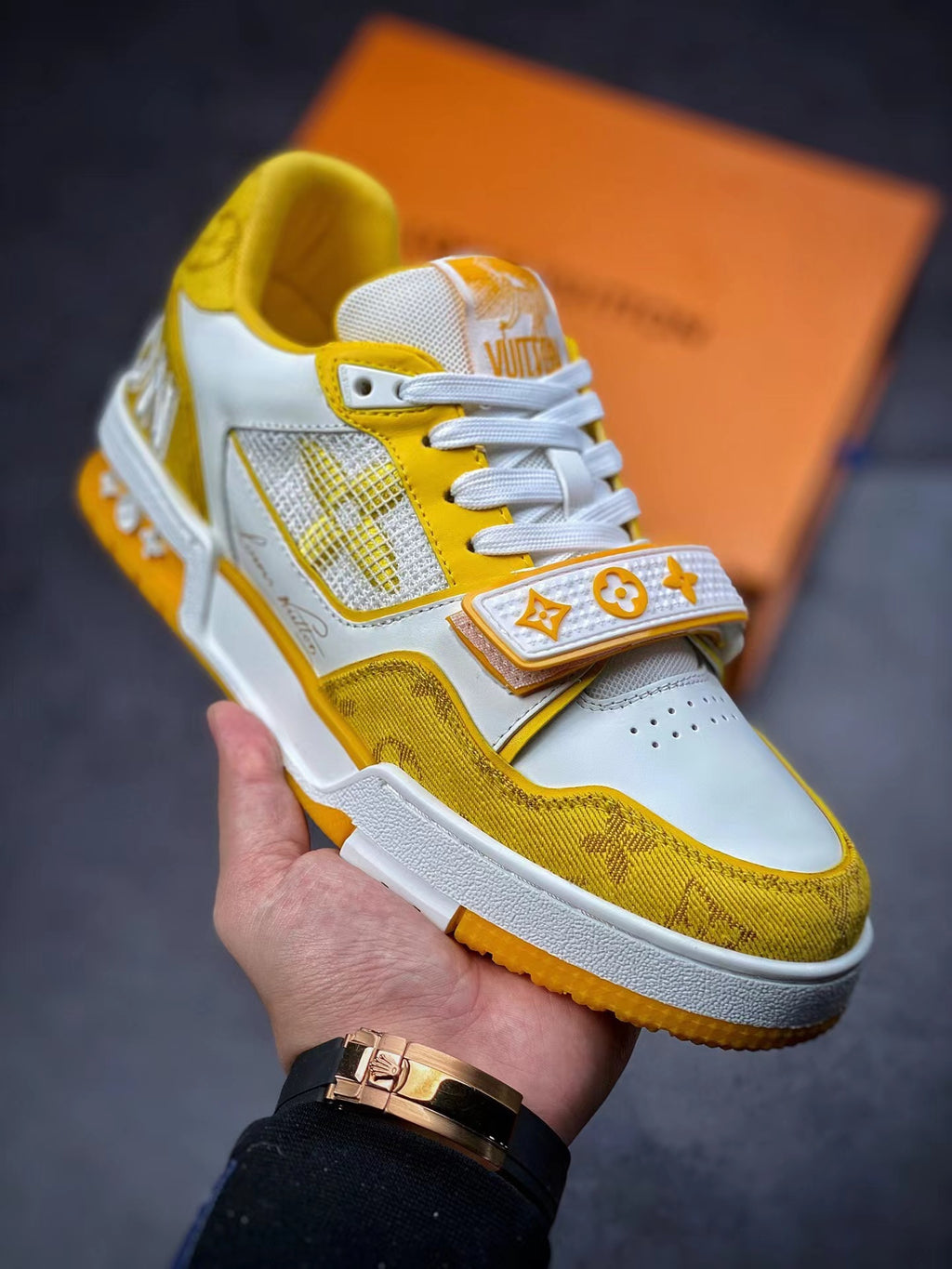 LV Trainers Velcro Strap Monogram Denim Yellow