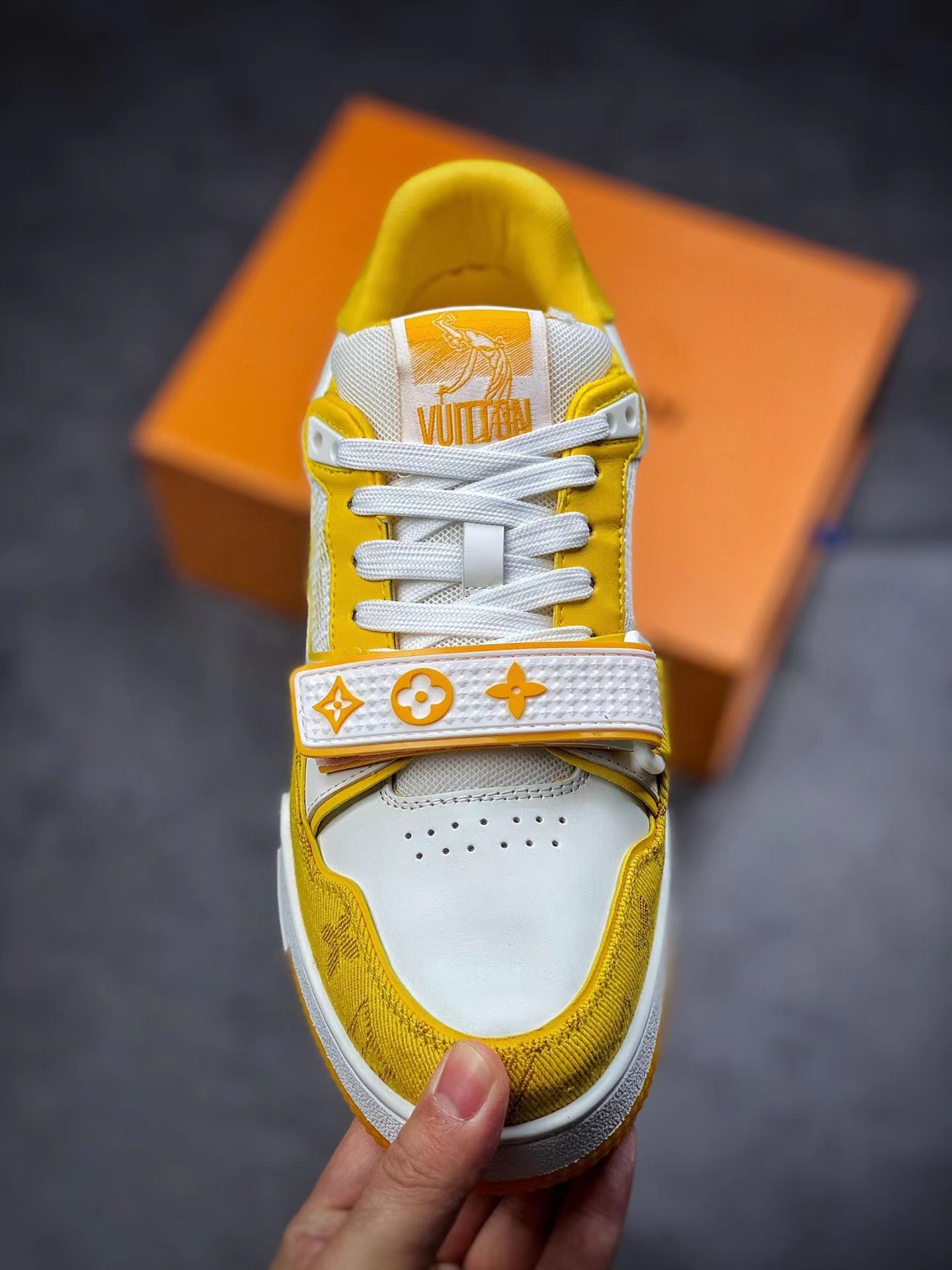 LV Trainers Velcro Strap Monogram Denim Yellow