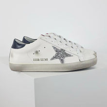 Load image into Gallery viewer, Golden Goose Super-Star Glitter Silver Star Navy Heel Tab
