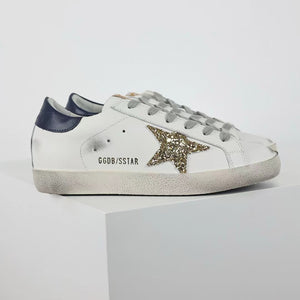 Golden Goose Super-Star Glitter Gold Star Blue Heel Tab