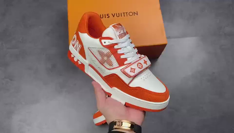 LV Trainers Velcro Strap Monogram Denim Orange