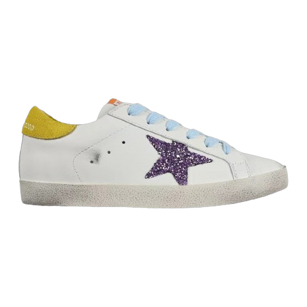 Golden Goose Super-Star Glitter Purple Star Yellow Heel Tab