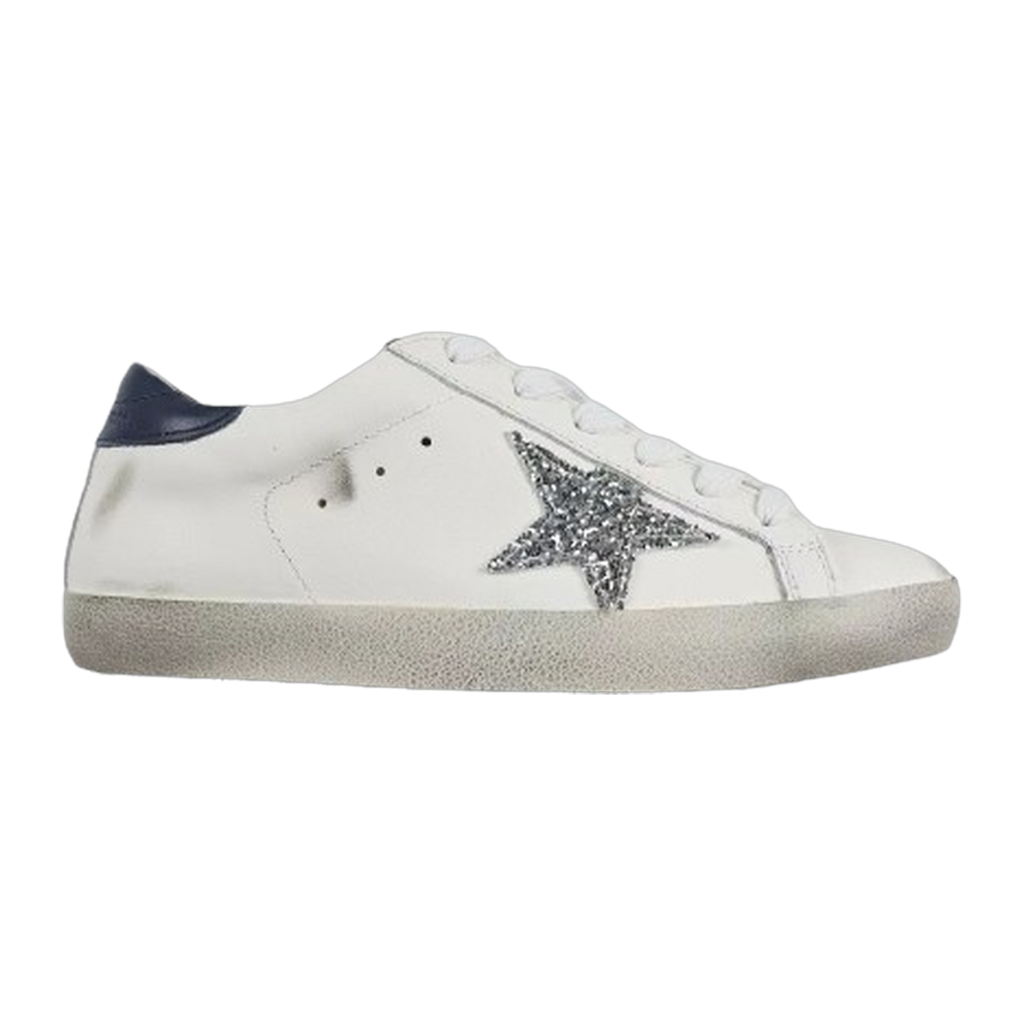 Golden Goose Super-Star Glitter Silver Star Navy Heel Tab