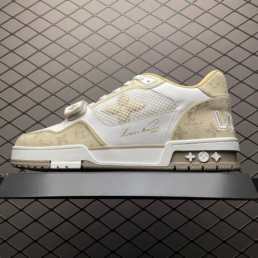 LV Trainers Velcro Strap Monogram Denim Beige