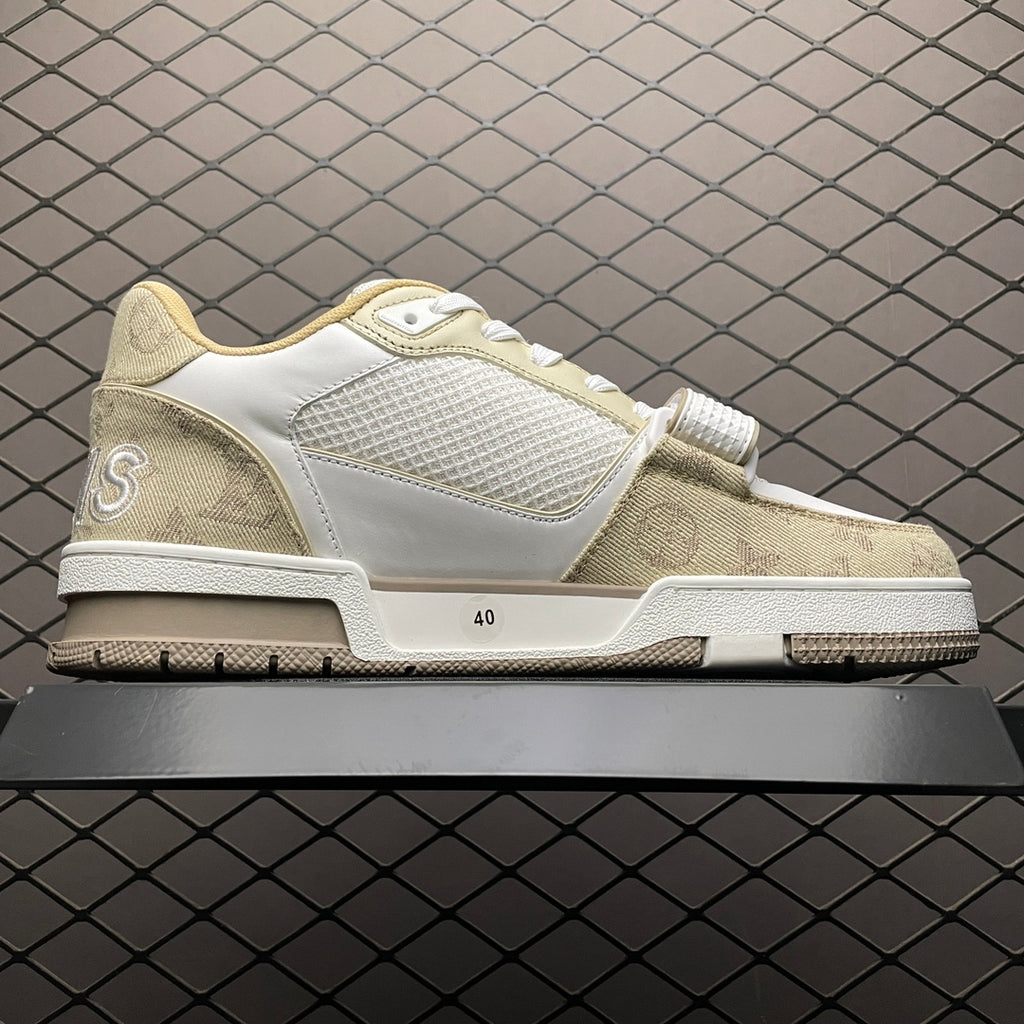 LV Trainers Velcro Strap Monogram Denim Beige