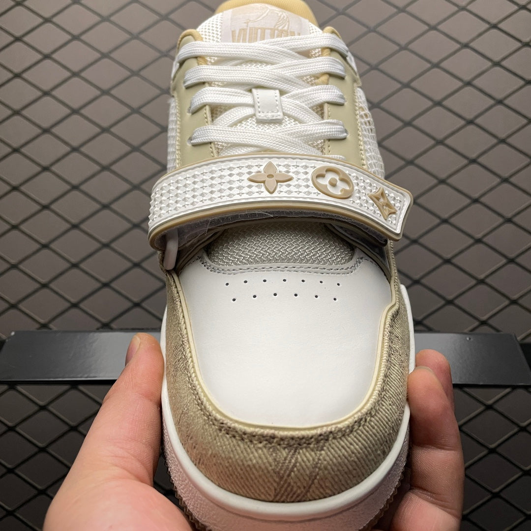 LV Trainers Velcro Strap Monogram Denim Beige