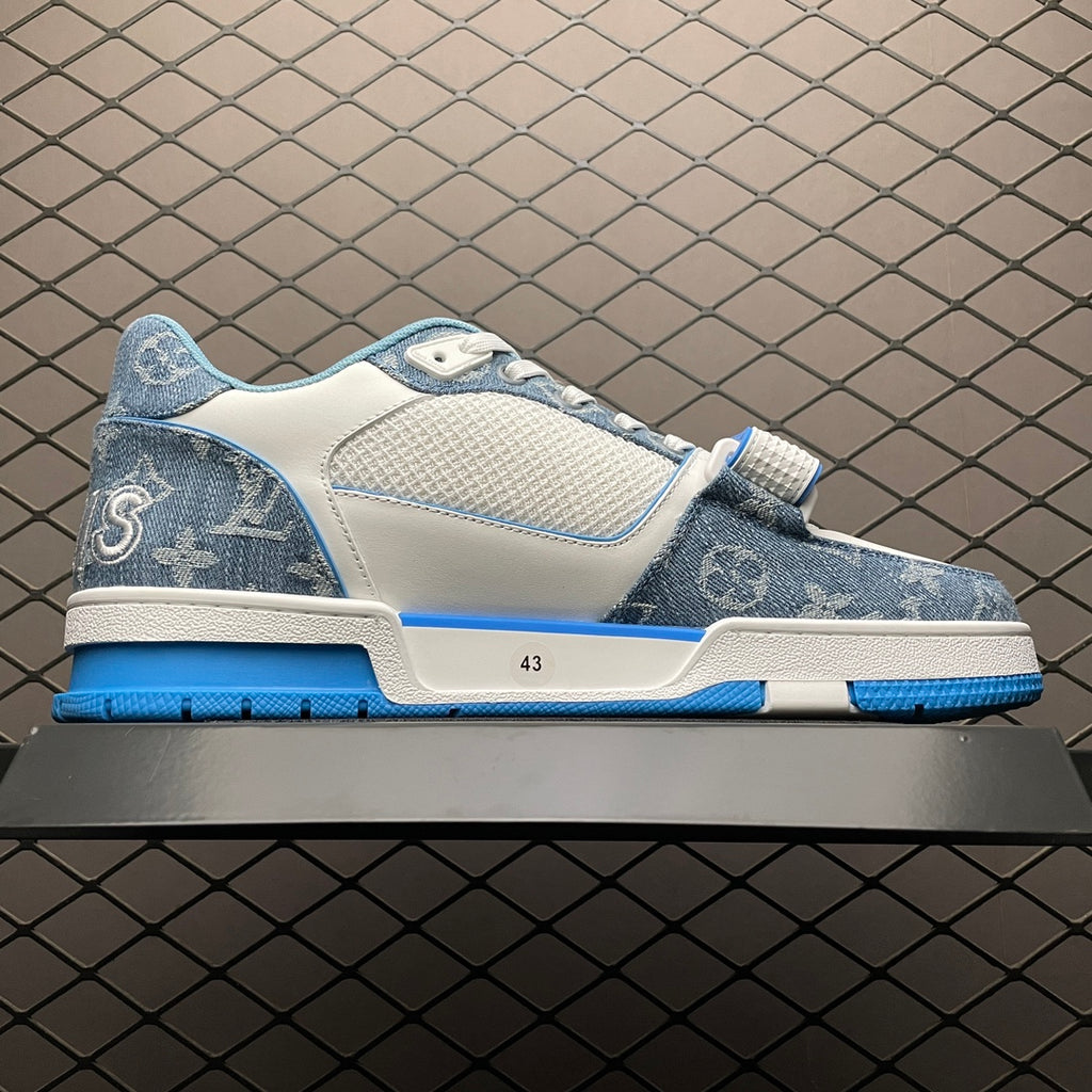LV Trainers Velcro Strap Monogram Denim Blue
