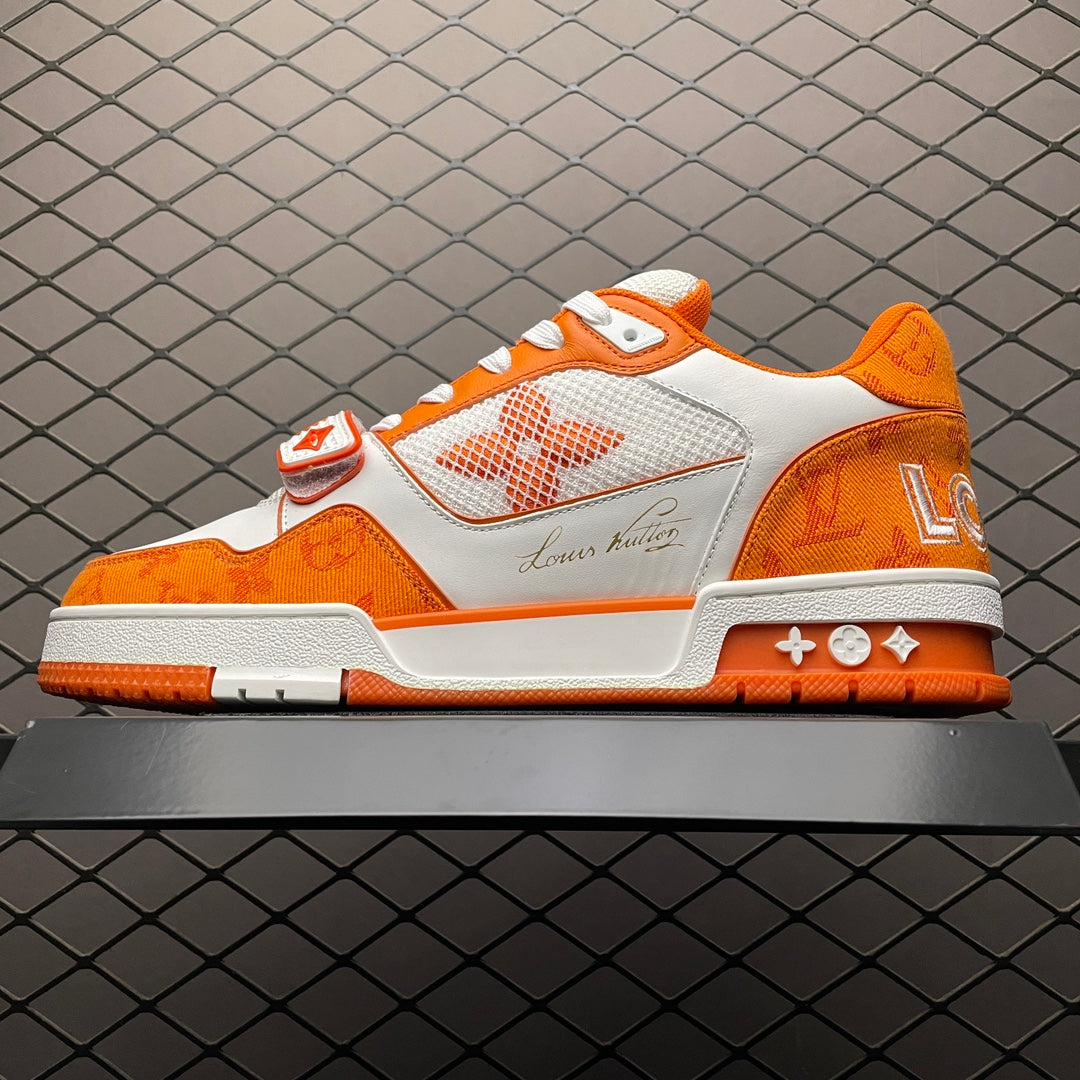 LV Trainers Velcro Strap Monogram Denim Orange