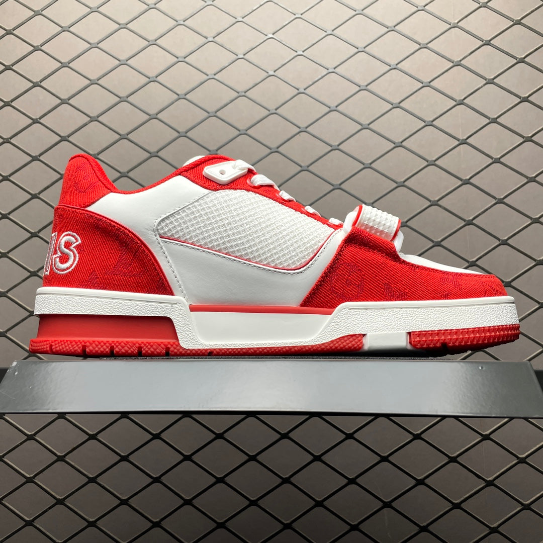 LV Trainers Velcro Strap Monogram Denim Red